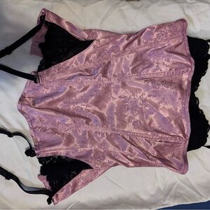 Pink Satin and Black Lace Corset Top